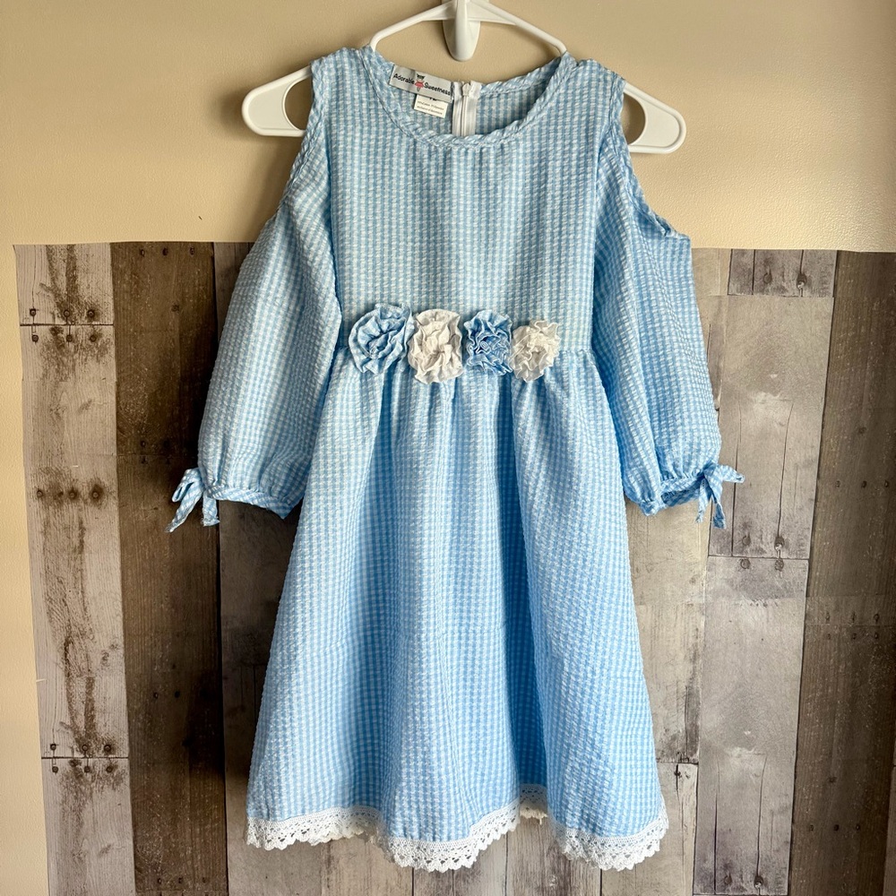 Blue and White Seersucker Cold Shoulder Girls Sundress